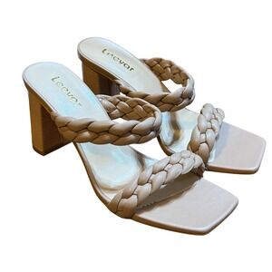Leevar Braided Strap Block Heel‎ Mule Sandal Square Toe Slip On Nude 8